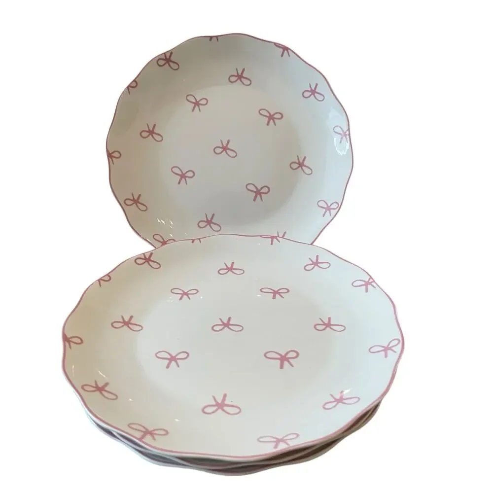 GODINGER Pink Bow 8in Salad Plates Set of 4 NEW